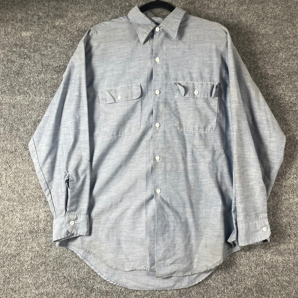 VTG Big Mac Shirt Mens L Blue Chambray Workwear Long Sleeve JCPenney Permanent